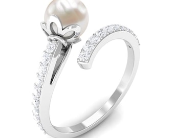 Fresh Water Pearl Ring With Moissanite Eternity Band, 925 Sterling Silver Pearl Adjustable Band Ring, Wedding Band, Statement Ring For Women