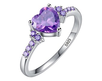 Anillo de amatista en forma de corazón, anillo de promesa con piedra preciosa morada, joyería con piedra natal de febrero, anillos de plata de ley 925, anillo de amatista en forma de corazón para ella