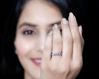 3MM Round Tanzanite Full Eternity Band, Blue Tanzanite Eternity Band Ring, 925 Sterling Silver Band Ring, Prong Set Eternity Ring for Women
