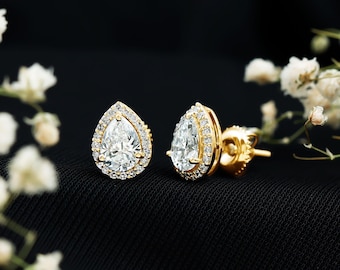 Orecchini a perno con moissanite a forma di pera, orecchini a perno con accenti di moissanite, orecchini delicati fatti a mano in argento sterling 925 placcato oro 14k, regalo di gioielli da sposa