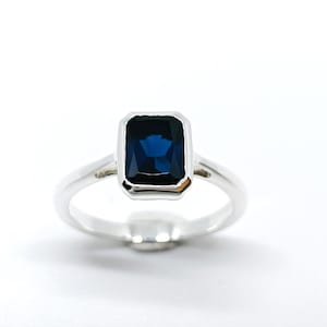 Blue Sapphire Glass Ring, 925 Sterling Silver Bezel Setting Ring, Lab Created Blue Sapphire Ring, Emerald Cut Solitaire Engagement Band Ring