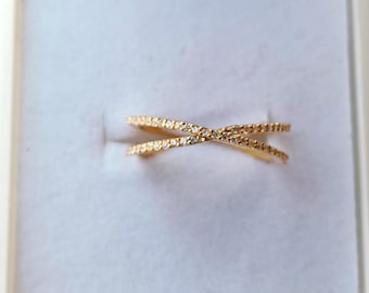 Moissanite Knot Cross Ring, Gold Plated Silver Half Eternity Band Ring, Crossover Stackable Band Ring, Criss Cross Band Ring For Womens