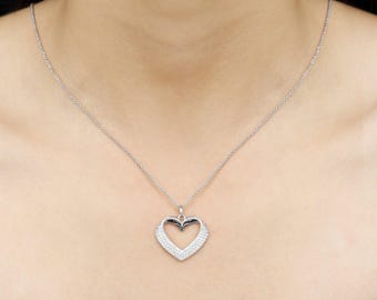 Moissanite Open Heart Bridal Pendant Necklace, Moissanite Accent Love Pendant, 925 Sterling Silver Chain Necklace, Moissanite Jewelry Gifted