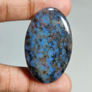 以下が含まれることがあります： 磨かれた表面を持つ楕円形の宝石。石は、青、グレー、茶色の鮮やかな混合色を示し、大理石のような効果を生み出しています。宝石は、おそらくジュエリーまたは装飾目的で使用されます。