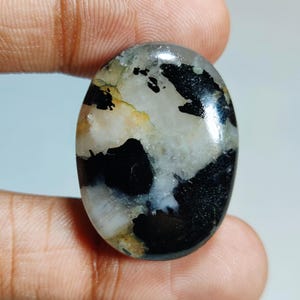 May include: Oval gemstone with a polished surface. The stone displays a mix of black, white, and grey colours, with some yellow and brown areas. The gemstone is held between two fingers.
