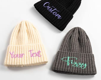 Personalized Embroidered Knit Beanie - Custom Text Winter Hat