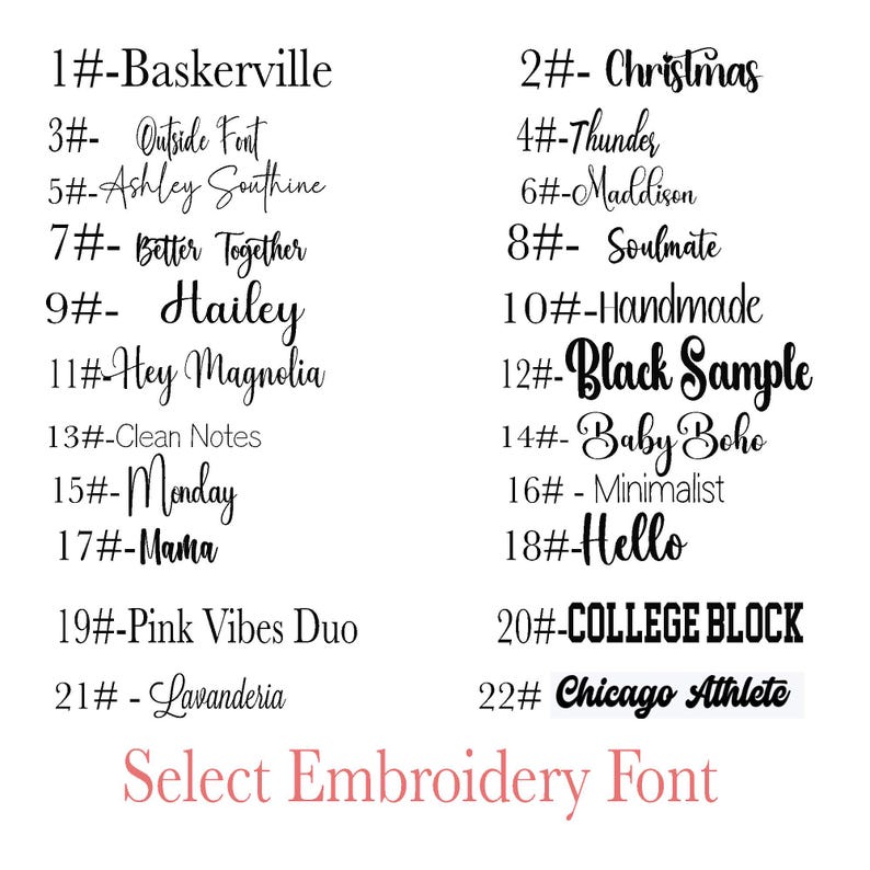 Op de afbeelding: Een zwarte tekstkaart met de titel Select Embroidery Font die twee&euml;ntwintig genummerde opties weergeeft. Elk nummer komt overeen met een specifieke lettertypestijl, inclusief serif, script, handgeschreven en blokontwerpen voor borduurwerk.