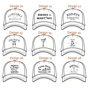 Puede incluir: Una cuadr&iacute;cula de nueve gorras de b&eacute;isbol blancas, cada una con un dise&ntilde;o gr&aacute;fico negro &uacute;nico y texto. Los dise&ntilde;os incluyen frases como Cowgirls Beach Club, Bikinis & Martinis, Kailey's Bachelorette Party, The Bach Club, MLM Miami y Camp Bach Tabernash, CO.