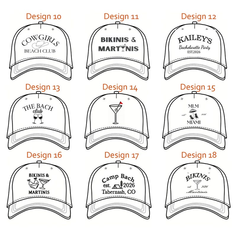 Puede incluir: Una cuadr&iacute;cula de nueve gorras de b&eacute;isbol blancas, cada una con un dise&ntilde;o gr&aacute;fico negro &uacute;nico y texto. Los dise&ntilde;os incluyen frases como Cowgirls Beach Club, Bikinis & Martinis, Kailey's Bachelorette Party, The Bach Club, MLM Miami y Camp Bach Tabernash, CO.