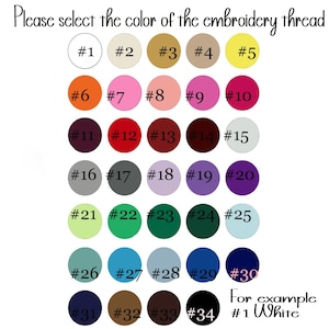 Op de afbeelding: Een kleurenkaart voor borduurgaren met vierendertig genummerde cirkelvormige stalen in diverse tinten. De tekst bovenaan luidt "Please select the color of the embroidery thread" en rechtsonder staat "For example #1 White".