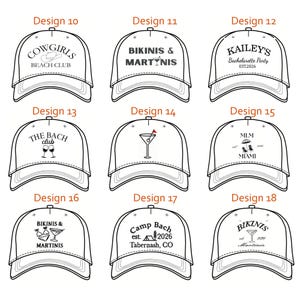 Op de afbeelding: Een raster van negen witte baseballpetten, elk met een uniek zwart grafisch ontwerp en tekst. De ontwerpen bevatten zinnen zoals Cowgirls Beach Club, Bikinis & Martinis, Kailey's Bachelorette Party, The Bach Club, MLM Miami en Camp Bach Tabernash, CO.