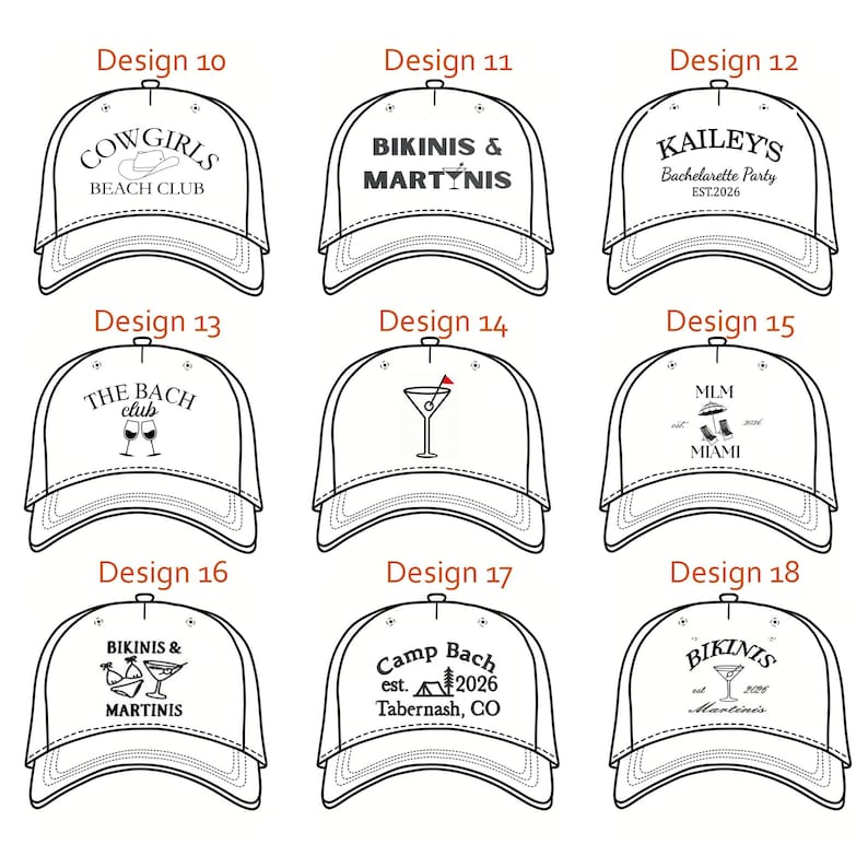 Op de afbeelding: Een raster van negen witte baseballpetten, elk met een uniek zwart grafisch ontwerp en tekst. De ontwerpen bevatten zinnen zoals Cowgirls Beach Club, Bikinis & Martinis, Kailey's Bachelorette Party, The Bach Club, MLM Miami en Camp Bach Tabernash, CO.