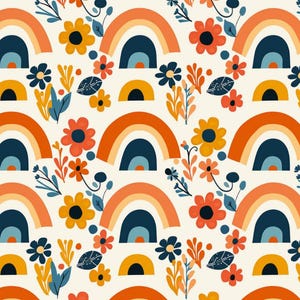 Kawaii Rainbow  Floral  Fabric-Rainbow With  Flower Pattern Pure Cotton Fabric,Sold By Half Yard