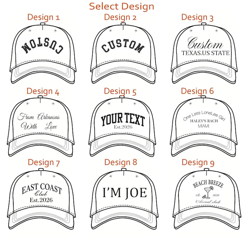 Puede incluir: Una cuadr&iacute;cula de nueve gorras de b&eacute;isbol blancas con dise&ntilde;os de l&iacute;neas negras, cada una con diferentes opciones de texto que incluyen Custom, Texas US State, From Arkansas With Love, Your Text Est. 2026, One Less LoneLee Girl, East Coast Club, I'm Joe y Beach Breeze.