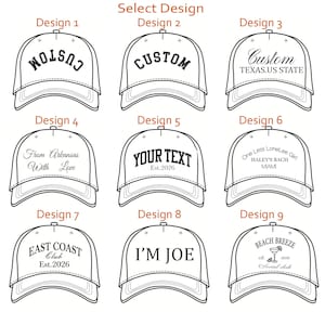 Puede incluir: Una cuadr&iacute;cula de nueve gorras de b&eacute;isbol con varios dise&ntilde;os de texto. Dise&ntilde;o 1: CUSTOM, Dise&ntilde;o 2: CUSTOM, Dise&ntilde;o 3: Custom TEXAS.US STATE, Dise&ntilde;o 4: From Arkansas With Love, Dise&ntilde;o 5: YOUR TEXT Est.2026, Dise&ntilde;o 6: One Less LoneLee Girl HALEY'S BACH MIAMI, Dise&ntilde;o 7: EAST COAST Club Est.2026, Dise&ntilde;o 8: I'M JOE, Dise&ntilde;o 9: BEACH BREEZE est. 2026 Social club con un icono de copa de martini.
