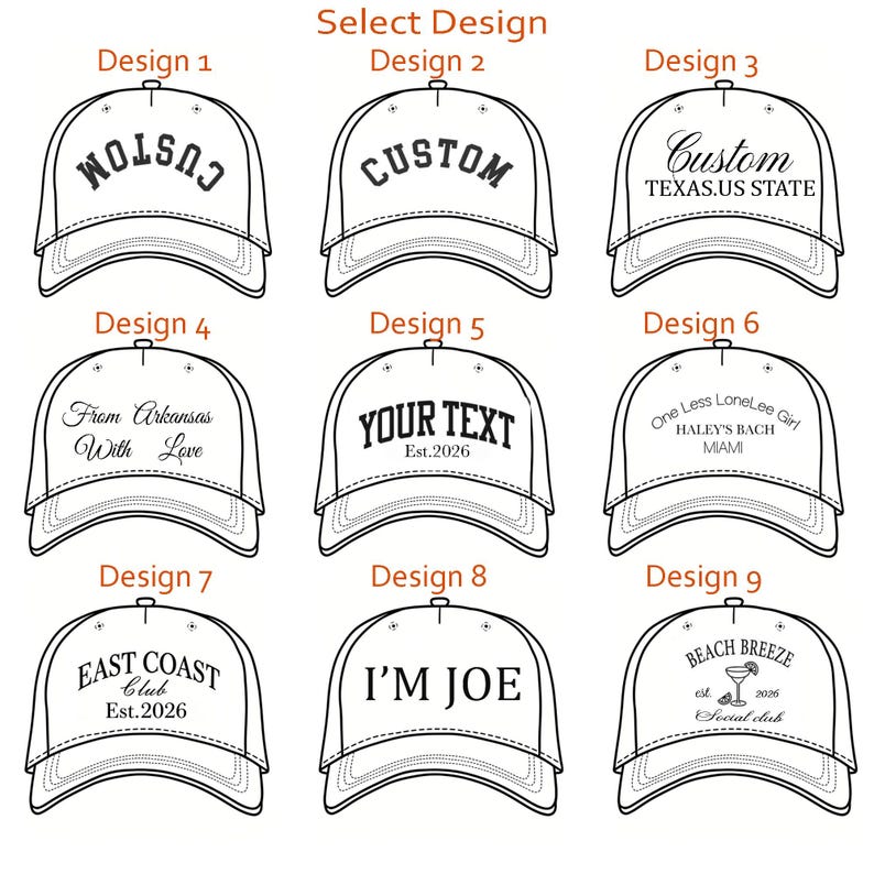 Op de afbeelding: Een raster van negen witte baseballpetten met zwarte lijntekeningen, elk met verschillende tekstopties waaronder Custom, Texas US State, From Arkansas With Love, Your Text Est. 2026, One Less LoneLee Girl, East Coast Club, I'm Joe en Beach Breeze.