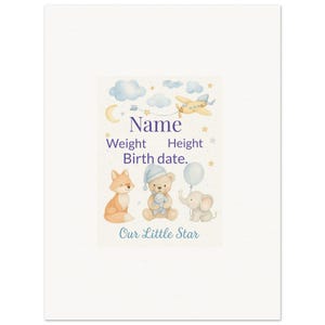 "Personalisierte Baby-Statistiken zur Geburt - ""Unser kleiner Stern"" - Kinderzimmer Wandkunst - Individueller Name, Größe & Gewicht - Niedliches Tier-Design."