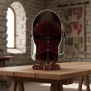 May include: A medieval-style helmet with a dark brown exterior, gold trim, and a burgundy interior. The helmet is displayed on a wooden stand with a brown leather strap and a gold buckle. The background features a stone wall and a wooden table.