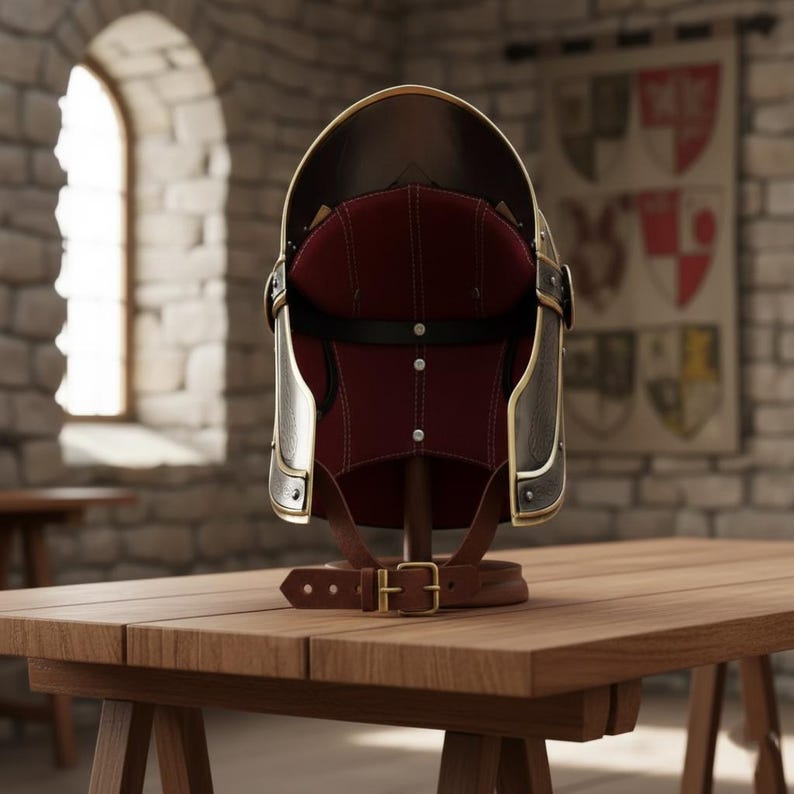 May include: A medieval-style helmet with a dark brown exterior, gold trim, and a burgundy interior. The helmet is displayed on a wooden stand with a brown leather strap and a gold buckle. The background features a stone wall and a wooden table.