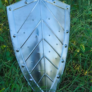 May include: A silver shield with a pointed base and a chevron design. The shield has rivets along the edges and is set in long green grass. The shield is likely made of metal and is a medieval-style item.