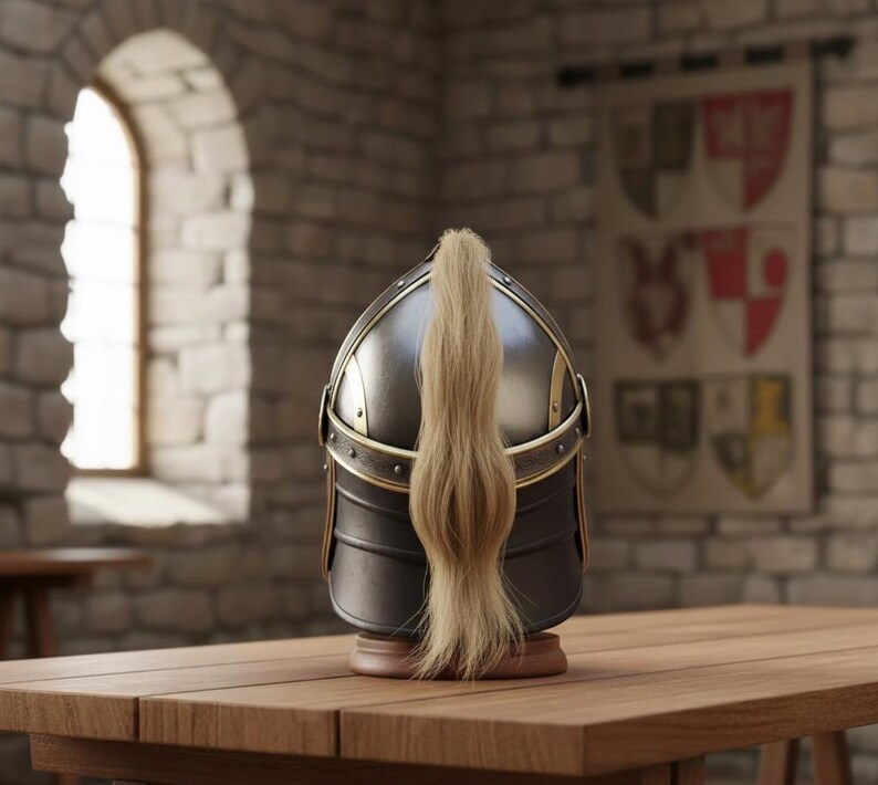 May include: A medieval-style helmet with a dark metallic finish and gold accents, featuring a long, flowing blonde plume. The helmet is displayed on a wooden table in a room with a stone wall and a banner.