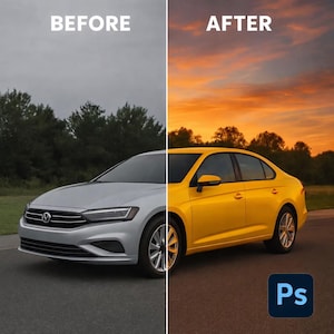 May include: Image comparison of a silver car before and a yellow car after photo editing. The "BEFORE" side shows a silver car under a gray sky. The "AFTER" side shows the same car in yellow with an orange sunset background. The Photoshop logo is in the bottom right.