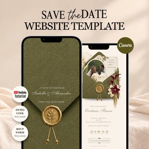 May include: A digital Save the Date website template displayed on two smartphones. The design features an olive green envelope with a gold wax seal, floral accents, and text reading A Love Letter From Isabella & Alexander and Open the Invitation.