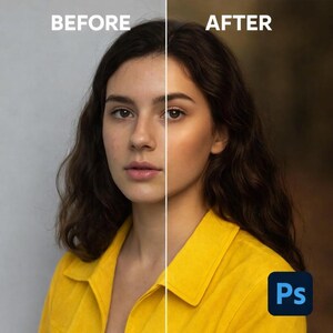 May include: Image comparing a person's face before and after photo editing. The left side shows the face before editing, and the right side shows the edited version. The person is wearing a yellow shirt. The word "BEFORE" is at the top left, and "AFTER" is at the top right.