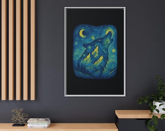 Howling Wolf Starry Night Canvas | Van Gogh Inspired Wolf Silhouette Wall Art | Starry Sky Nature Decor