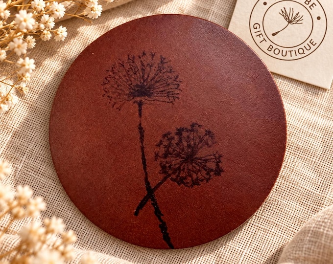 Round Leather Coaster Set of 4, Hand-Stamped Dandelion Design