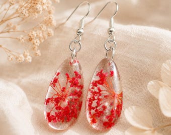 Handmade Red Floral Resin Teardrop Earrings, Lightweight Botanical Dangle Earrings