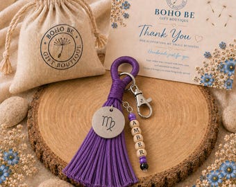 Personalized Zodiac Tassel Keychain, Custom Name Bag Charm, Boho Astrology Gift