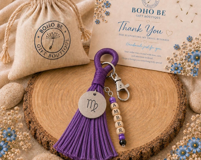 Personalized Zodiac Tassel Keychain, Custom Name Bag Charm, Boho Astrology Gift
