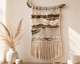 Woven Driftwood Macrame Wall Hanging, Boho Neutral Fiber Art, Textured Wall Decor – Local Pickup Only, Lucan Ontario