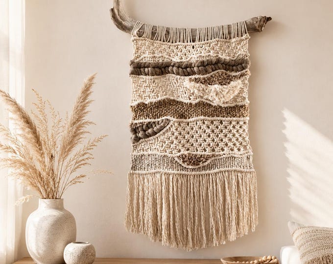Woven Driftwood Macrame Wall Hanging, Boho Neutral Fiber Art, Textured Wall Decor