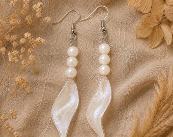 Handmade Pearl Leaf Dangles, Dipping UV Resin Jewelry, Lightweight Boho Gift for Her