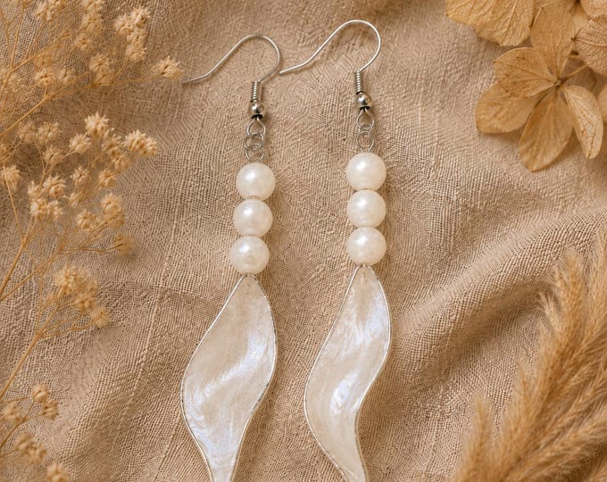 Handmade Pearl Leaf Dangles, Dipping UV Resin Jewelry, Lightweight Boho Gift for Her