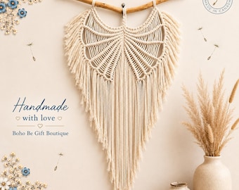 Handmade Macramé Wall Hanging, Driftwood Boho Nursery Decor, Cream Cotton Cord Art