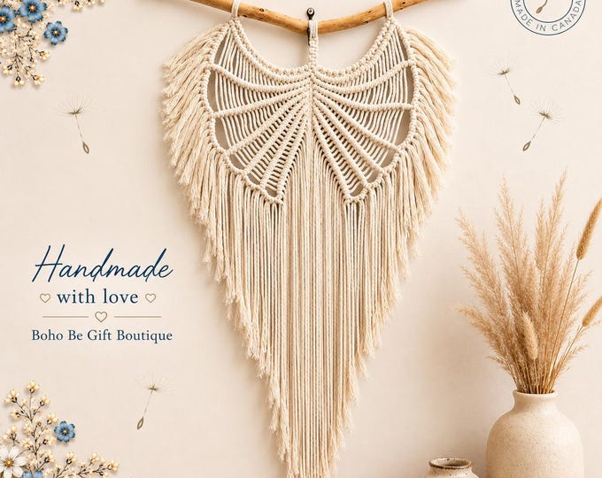 Handmade Macramé Wall Hanging, Driftwood Boho Nursery Decor, Cream Cotton Cord Art