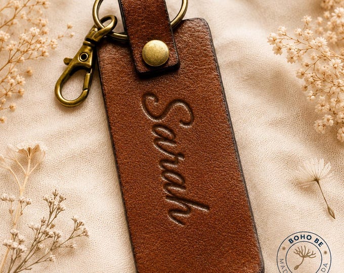 Personalized Debossed Leather Keychain, Rustic Boho Name Key Ring, Handmade Canada