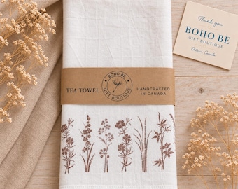 Hand-Stamped Botanical Flour Sack Tea Towel, Premium Cotton Kitchen Towel, Cottagecore Housewarming Gift