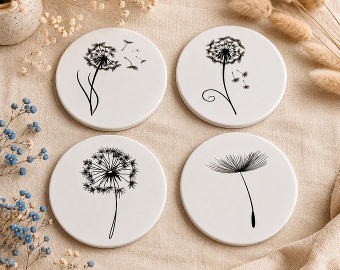 Dandelion Ceramic Coasters, Set of 4, Botanical Drink Coasters, Black White Floral Home Decor