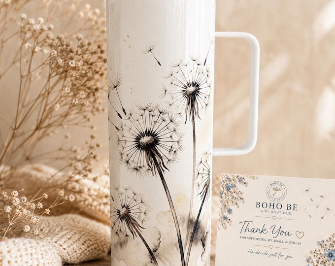 Dandelion Botanical Travel Tumbler, Slim Handled Coffee Cup, Boho Floral Stainless Steel (Handmade)