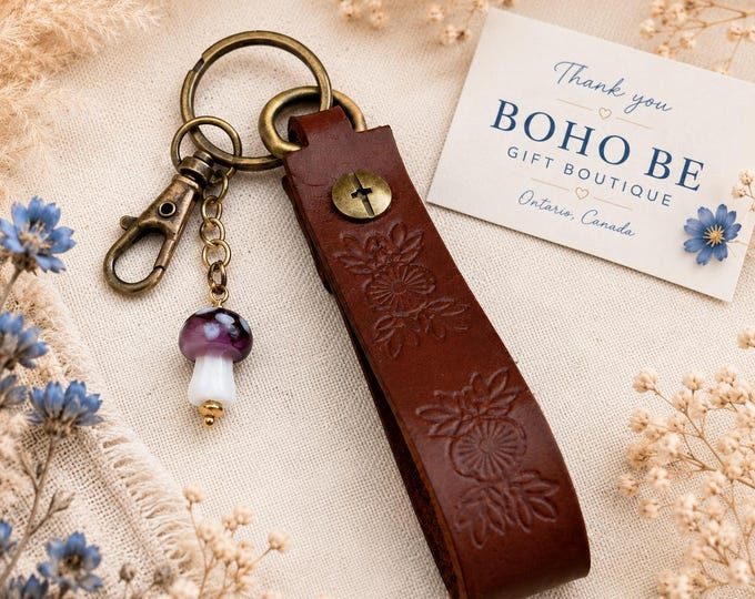 Leather Loop Keychain with Mushroom Charm, Blank or Floral, Handmade in Canada
