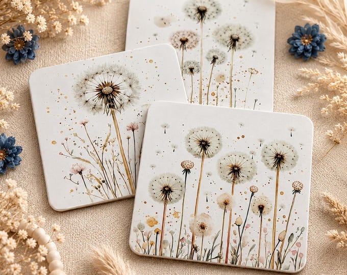 Dandelion Square Coaster Set, Botanical Coasters Set of 4, Lightweight Drink Coasters, Boho Coffee Table Decor, Gift for Her