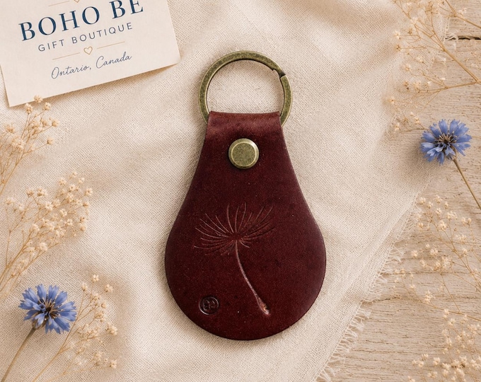 Dandelion Leather Keychain, Hand-Stamped Teardrop Key Fob
