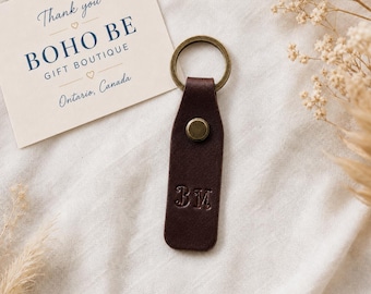 Personalized Leather Keychain with Initials, Hand Stamped Burgundy Key Fob, Made in Canada