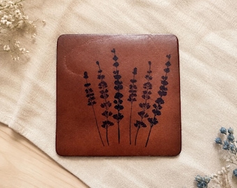 Square Leather Coaster Set of 4, Hand-Stamped Botanical Design
