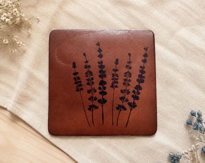 Square Leather Coaster Set of 4, Hand-Stamped Botanical Design