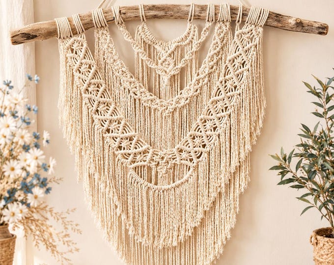 Large Driftwood Macrame Wall Hanging, Boho Textured Fiber Art